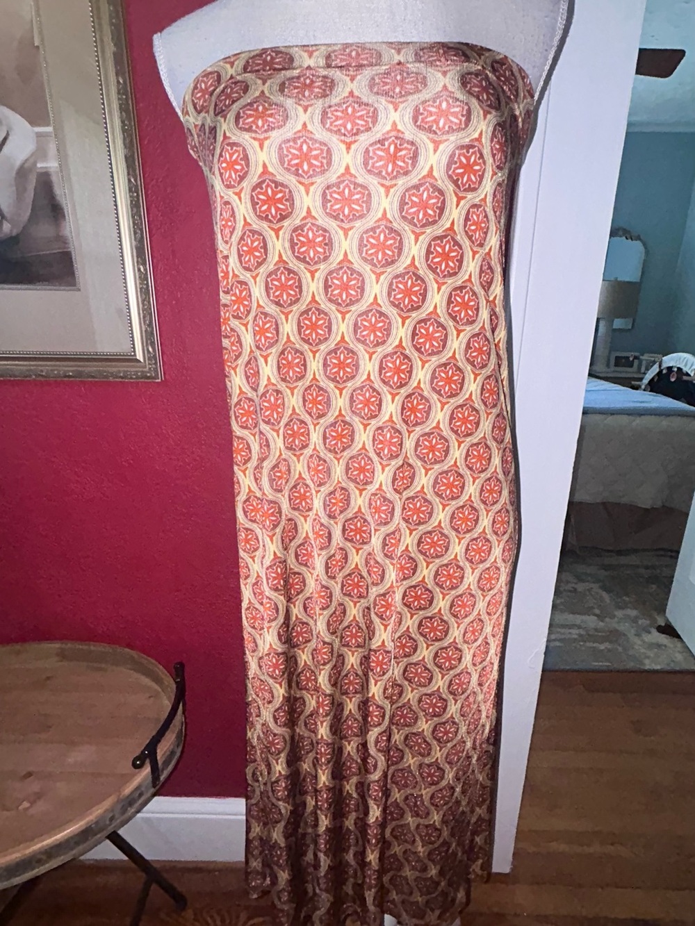 Strapless Maxi Dress in Orange & Cream Geometric Print size med